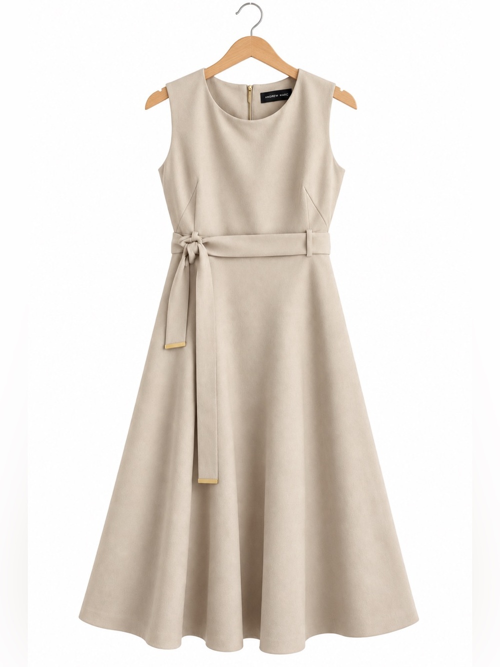 Andrew Marc Beige Belted Midi Dress 14 A-Line Sleeveless Quiet Luxury Career